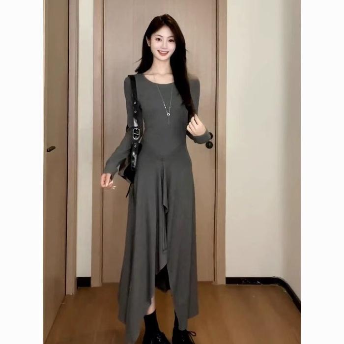 Elegant Hepburn-Style Mid-Length Dress: Irregular Solid Color, Round Neck, Long Sleeve, High Waist Small серый