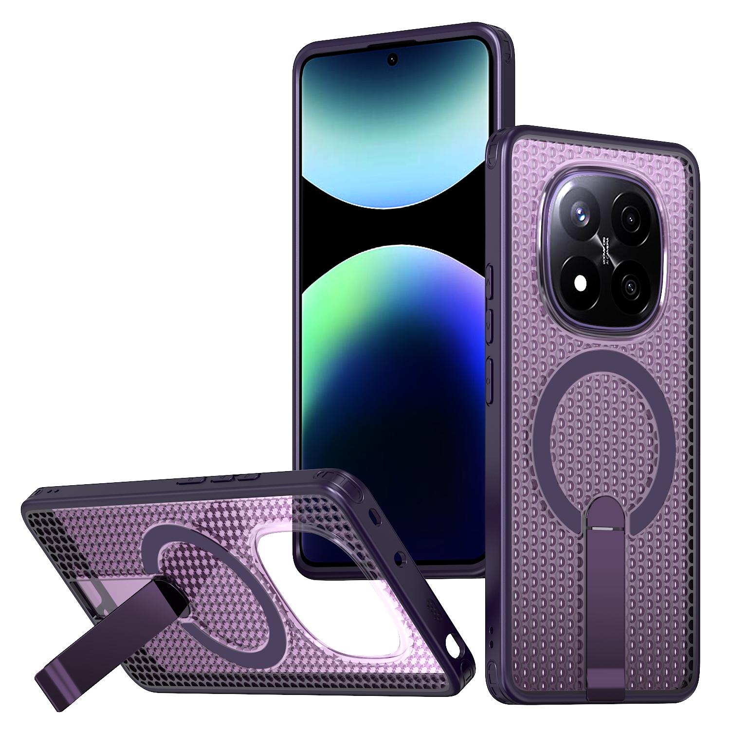 

For Xiaomi Redmi Note 14 Pro 5G Magnetic Case Kickstand Grid Texture TPU PC Phone Back Cover