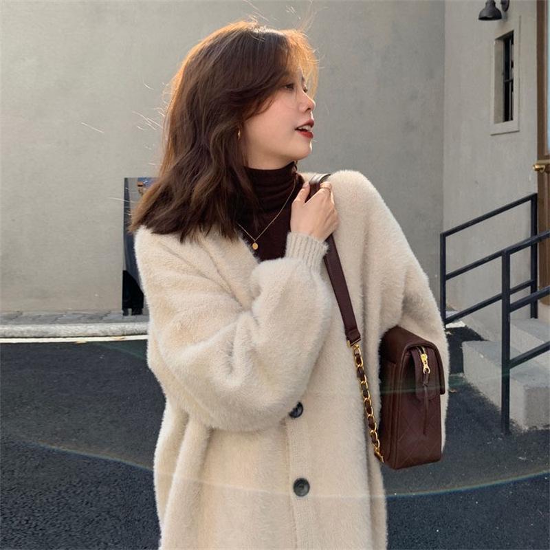 Japanese Style V-Neck Loose Knit Mink Cardigan - Spring/Autumn 2025 Fashion Sweater for Women