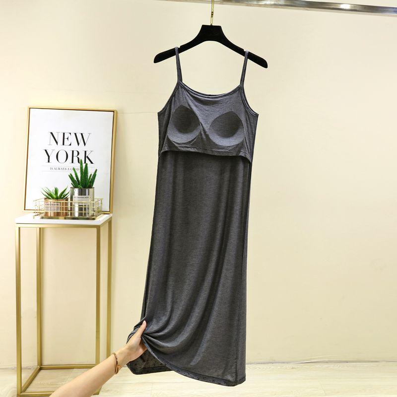 

With Chest Pad Sling Dress Women Summer Modal Long Floral Vest Dress Inner wear Base Skirt Plus size Home Dress Dark gray L (Recommendation 55.00 kg-70.00 kg