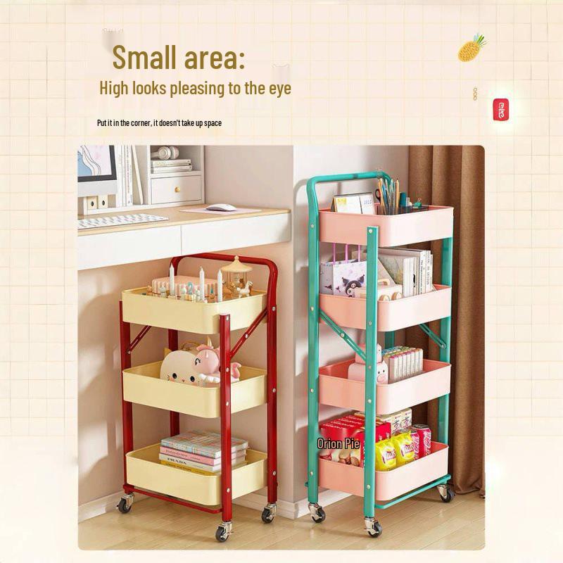 Foldable Hand-Pushed Storage Rack with Shelves for Snacks, Toys, and Kitchen Use