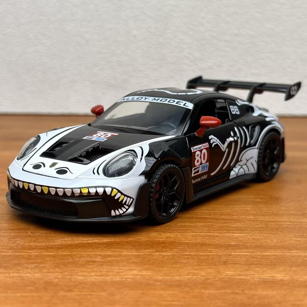 1:32 Alloy Metal Diecast Model Car Compatible With Porsche 911 GT3 RS 992 Dinosaur Livery Edition German Sports Car Ornaments