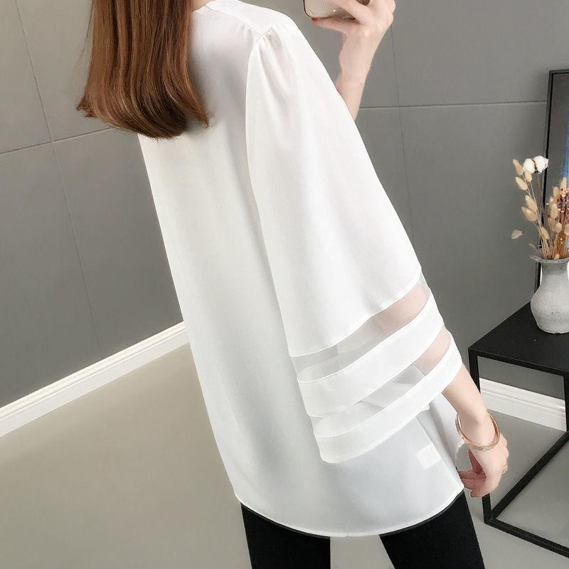 Bílá šifonová košile s dutou organzou pro ženy léto Nová korejská halenka s rozšířenými rukávy Spodní díl Halenka s volným výstřihem do V L-4XL