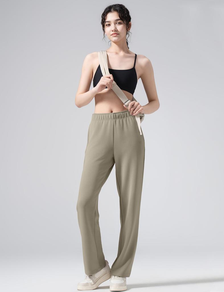 Yvette Yoga Pants with High and Trendy Size Beige Women's Wide-Leg Pockets, Waist, Breathable, Lightweight, Feminine, Casual, Bottoms, L,