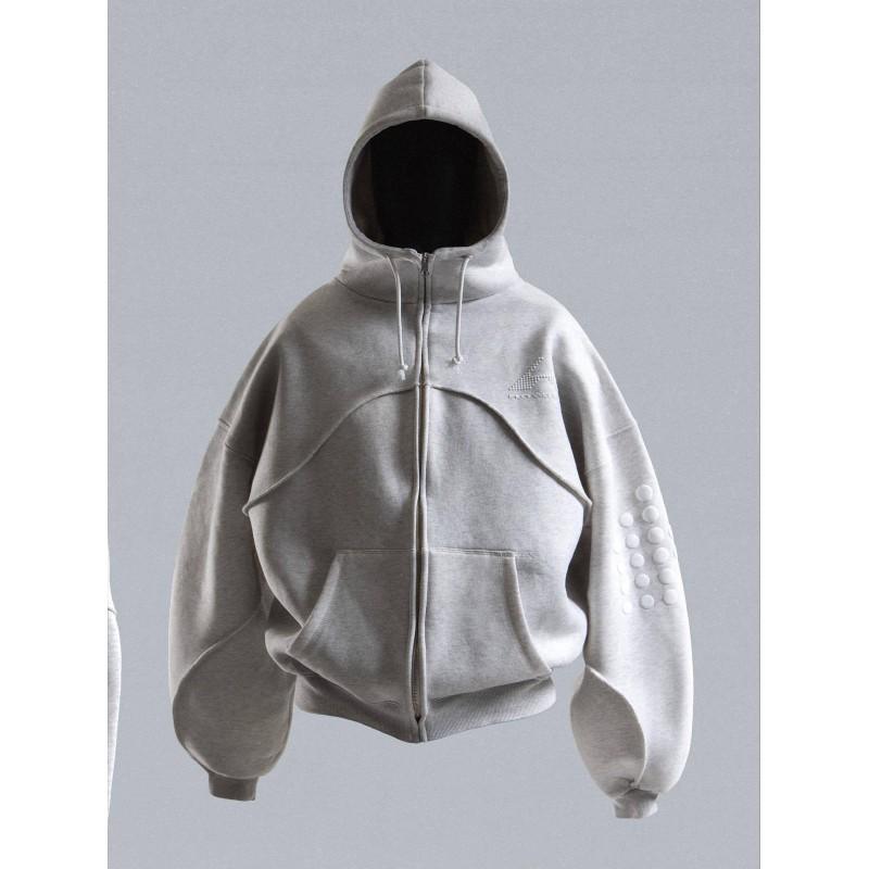Unisex Streetwear Hoodie With 3D Foil Print Zip-Up Front Loose Fit Long Sleeve Gray