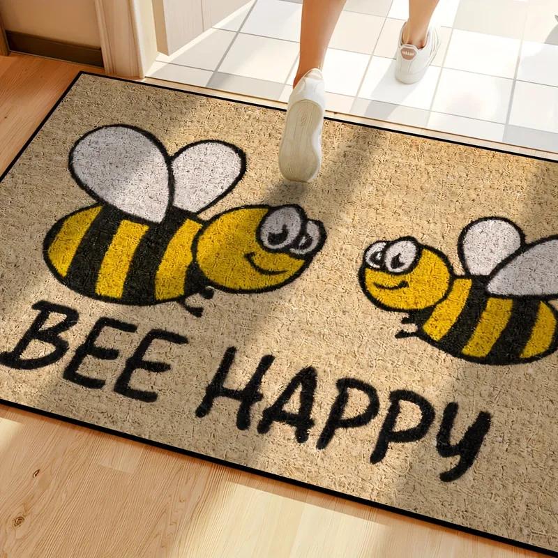 VIKAMA Bee Happy Doormat Welcome Mat Crystal Velvet Outdoor Carpet Living Room Floor Mat Rug For Bedroom Lightweight Home Decor