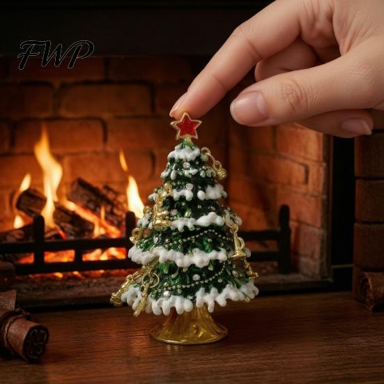 Christmas Anniversary Gift Tree Jewelry Box, Enamel Inlay Alloy Organizer, Vintage Style Trinket Box Compact Decorative Ornament for Dressing