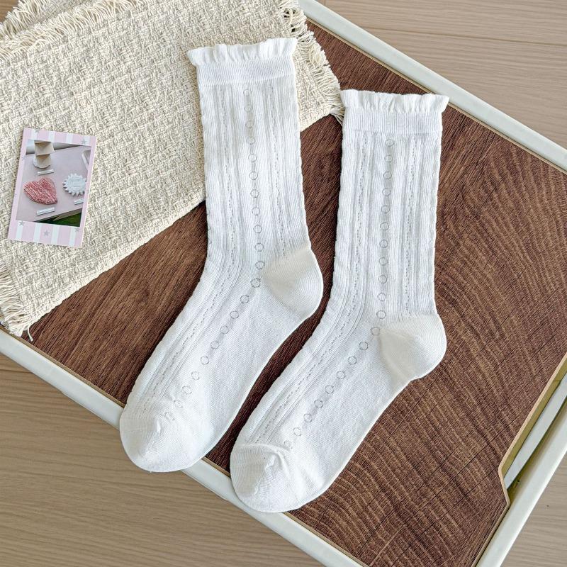 Sock - Spring/Summer Lightweight Solid Color Opened-Up Layered Socks with Earwig Lace and Mid-Calf Length