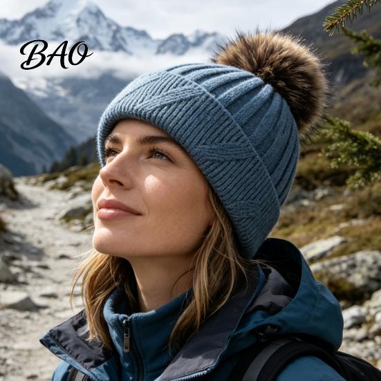 Non Slip Knit Hats Winter Knitted Hat for Women, Cold Weather Fleece Lined with Pom Comfortable Head Gear Pom, Chunky Snow Hat, Soft Ribbed
