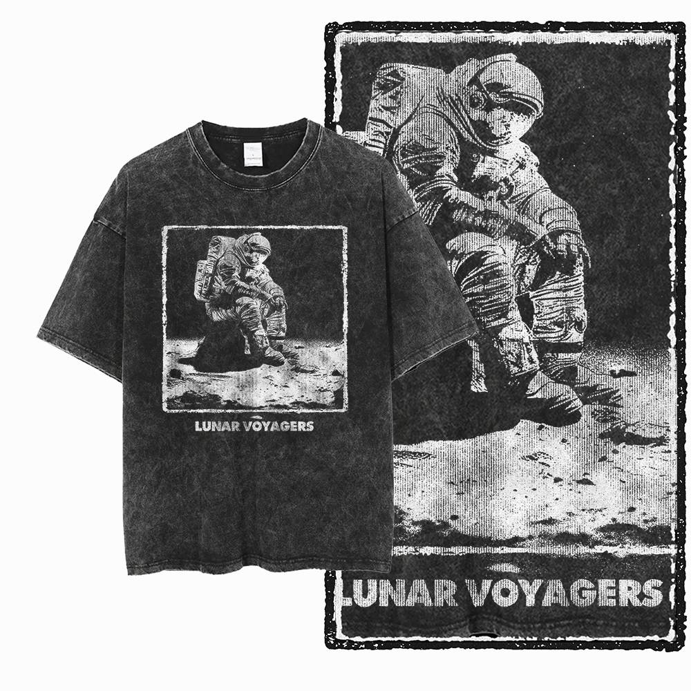 G Acid Washed Black Big Size Cotton Astronaut Printed Unisexs Tshirt Streetwear Cool Vintage Oneck Unisexs Tee Tshirt S