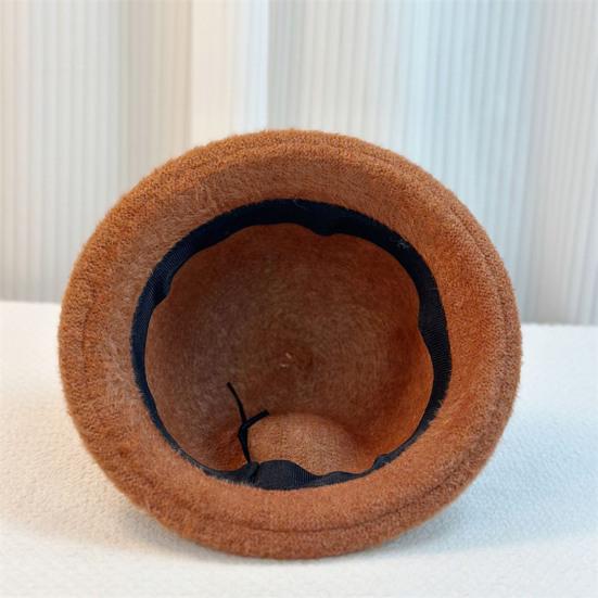 Yousheng Basin Hat Solid Color Plush Fabric Bucket Hat with Belt Decor Retro Style Basin Hat Autumn Winter Outdoor Activities Daily Wear
