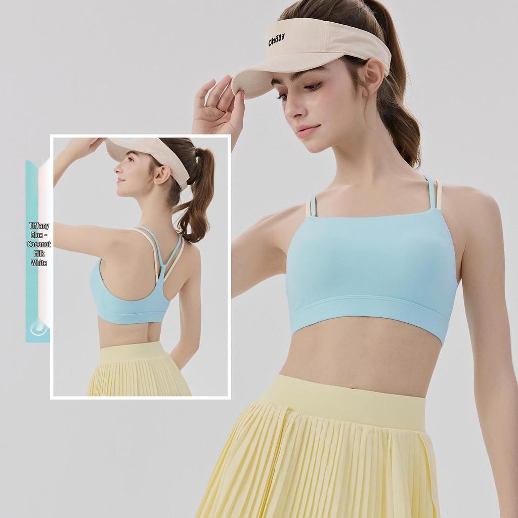 Women's Color-Block Yoga Bra: Two-Shoulder Strap, Fixed Pads, Bare-Back Design, Quick-Dry, Moisture-Wicking.