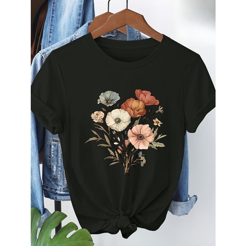 Europäische Größe Kurzarm-T-Shirt mit Blumendruck