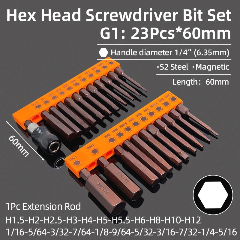 Hex Bit Set Head Allen Wrench Screwdriver Bit Set SAE Metric Hex Shank Magnetic Screw Driver S2 Steel Electric Drill Hand Tools
