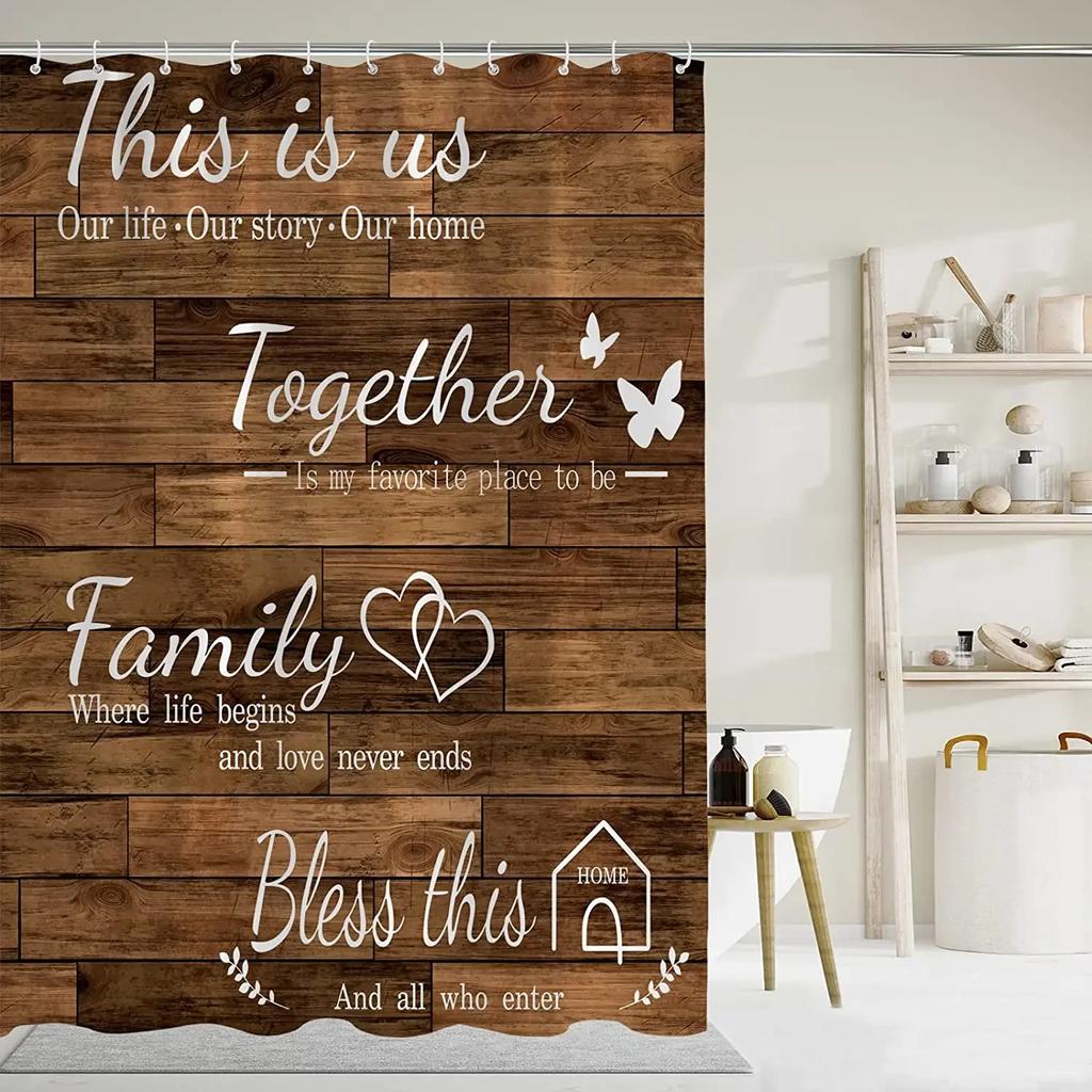 Family Shower Curtains Butterfly Our Home Vintage White Wooden Grain Bath Curtain Modern Polyester Bathroom Decor Set With Hooks