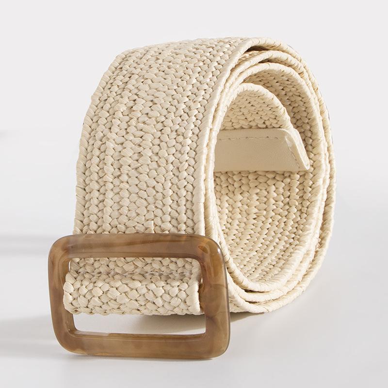 Bohemian Pp Grass Belt for Women, Versatile Decorative Elastic Resin Buckle Woven Women's Belt