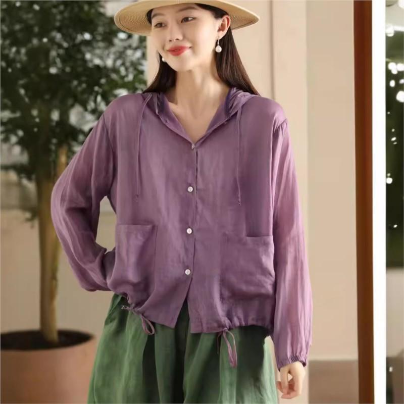 

Johnature Женские винтажные рубашки с капюшоном, топы, однотонные, с длинным рукавом, блузки на пуговицах, летние свободные рубашки с карманами