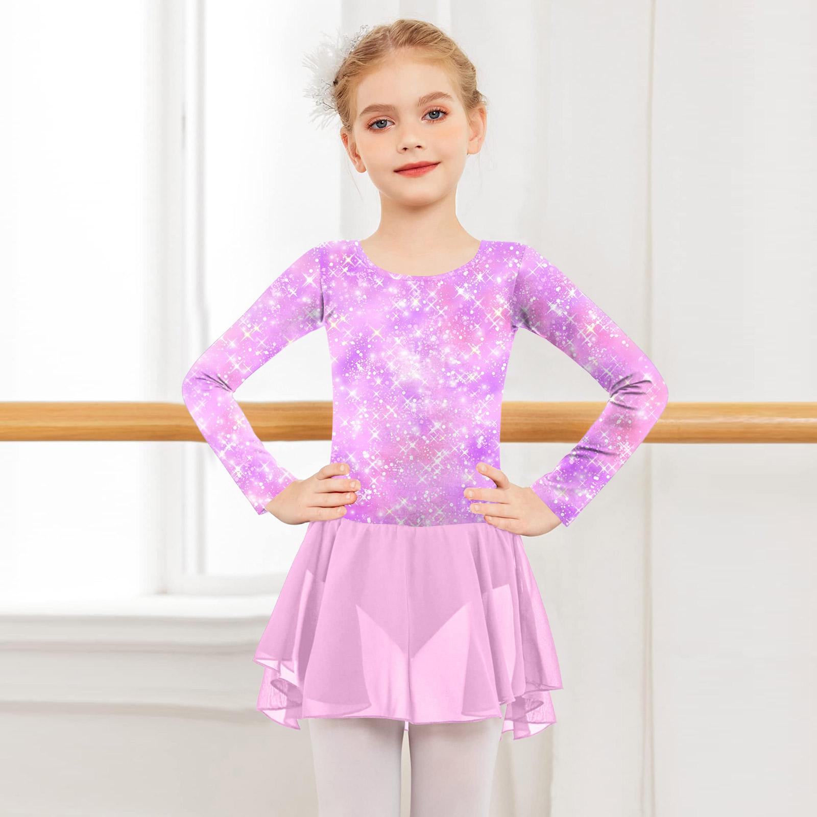 

Girls Color-blocked Romper Long-sleeved Tulle Dress Dance Costume 160
