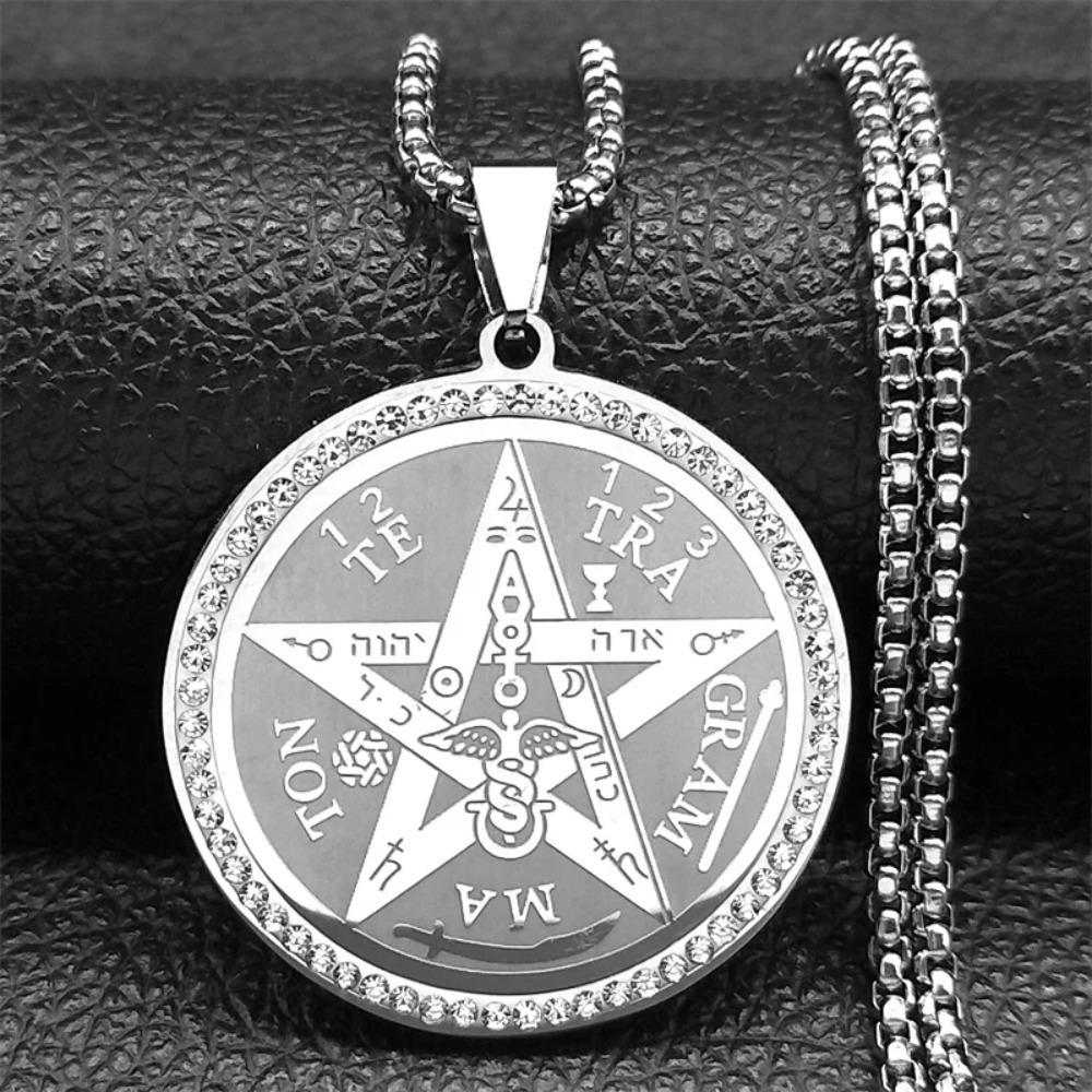 1PCS Unisex Four-Character Divine Name Pentagram Amulet Necklace: Stainless Steel Pentagram Amulet Pendant