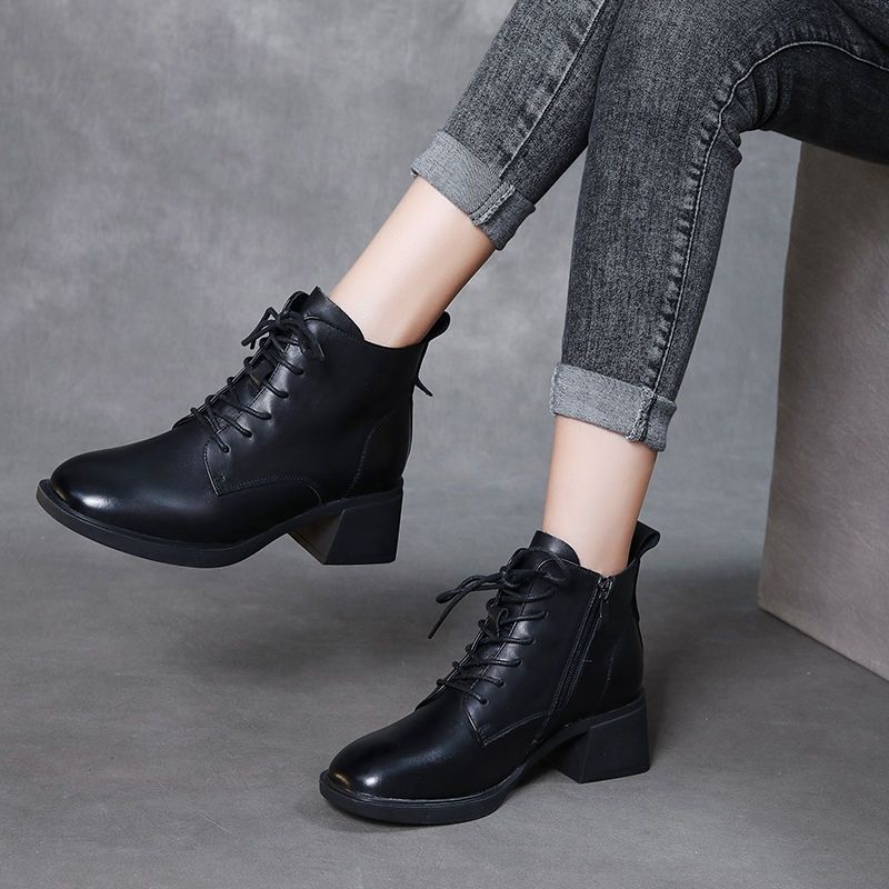 Stivali corti con tacco spesso, scarpe da donna in cotone, stivali Martin con lacci versatili con tacco medio, scarpe da donna alte retrò