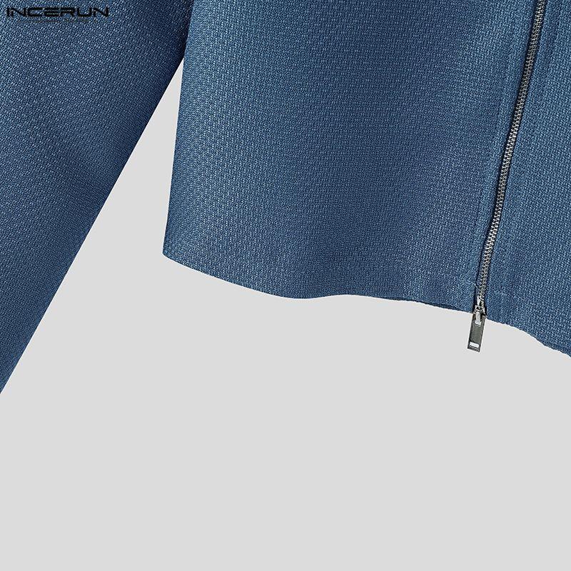 INCERUN Men Lapel Neck Long Sleeve Zip-Up Texture Cropped Casual Shirts