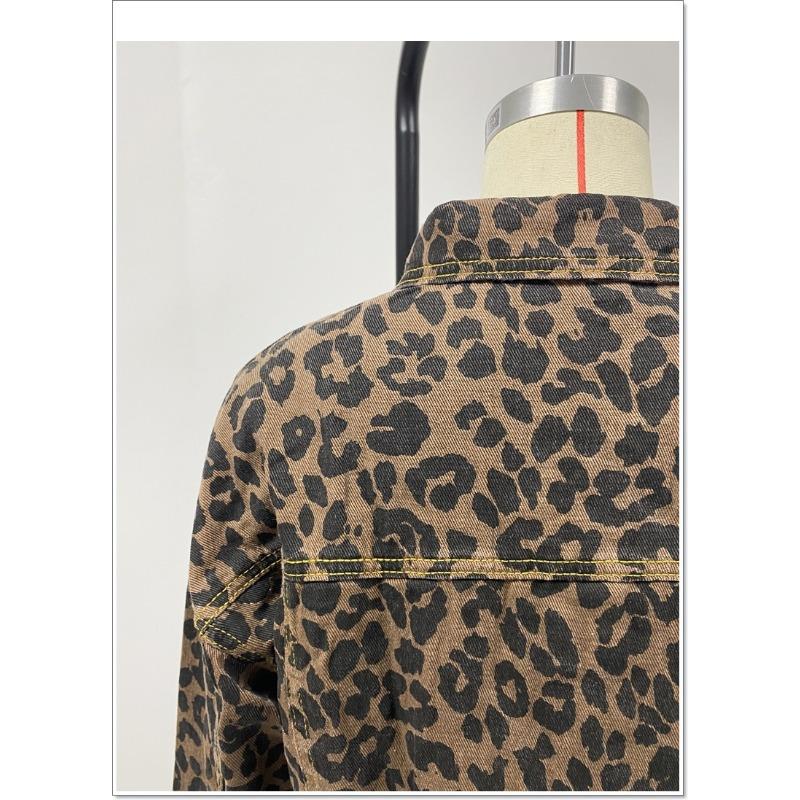 Women's Spring and Autumn Denim Jacket Leopard Print Long Sleeve Short Loose Casual Jacket