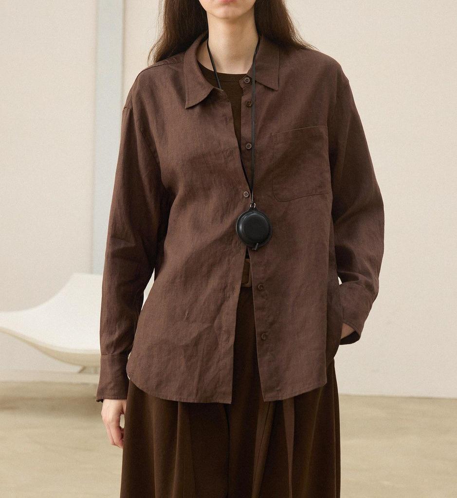 Green 100% Linen Women's Loose Long Sleeve Shirt for Early Autumn Wear