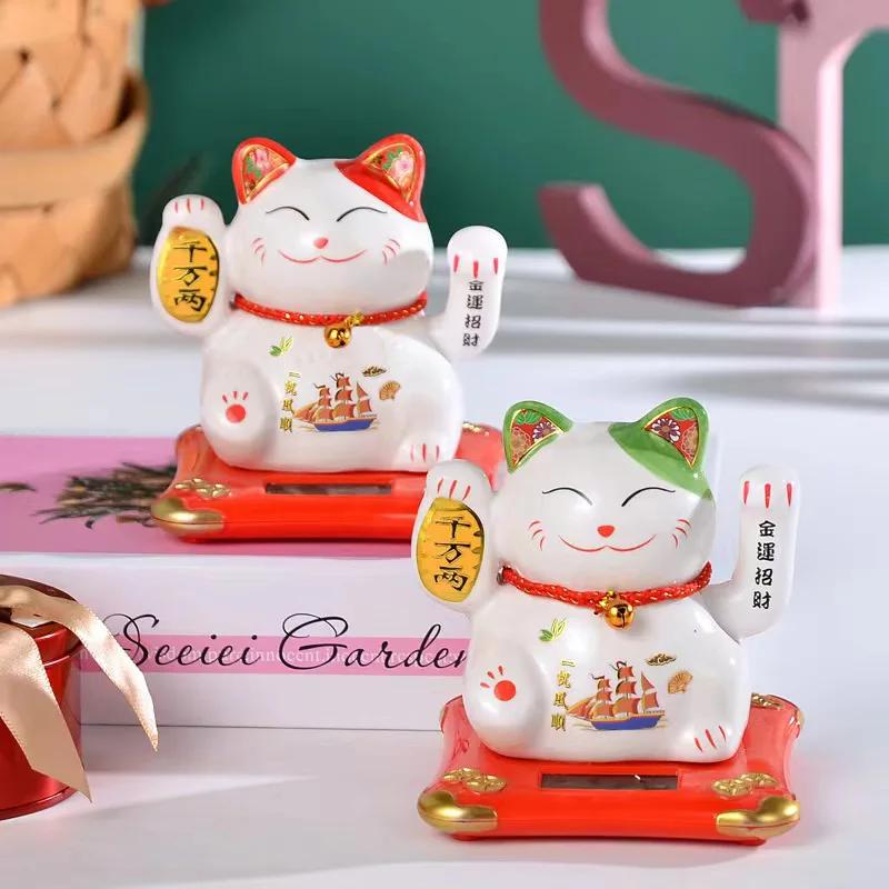 4.5 Inch Ceramic Beckoning Lucky Cat Solar Powered Fortune Cat Waving Arm Maneki Neko Gift Box Home Decoration Zen Centerpiece