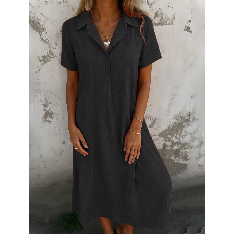 DAFIFY Women's Fashion Summer Spring Solid Color Print Short Sleeve POLO Neck Loose Waistline Casual Dresses