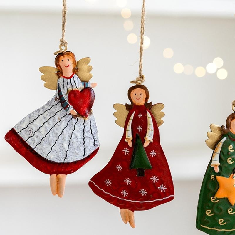 Pack of 4 Retro Iron Angel Girl Ornament Bucolic Christmas Decorations for Homes Holiday Party Hanging Decors