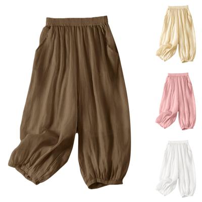 Damen Baggy Baumwoll-Leinenhose Elastischer Bund Lässig Locker Sommer Strandurlaub Hose