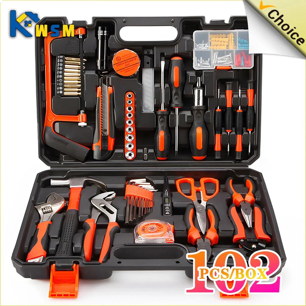 102PCS Household Tool Set Hardware Tool Box Electrician's Hardware Set Car Repairing Tools Woodworking Tools Combination Set