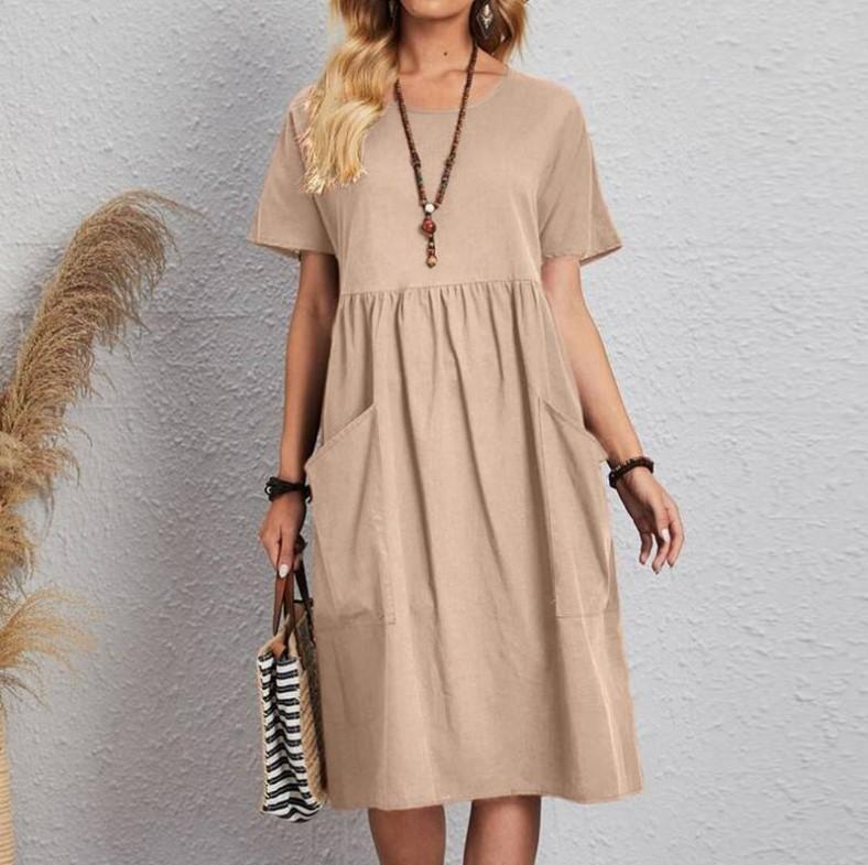 Kvinners avslappet kjole med korte ermer og løs passform med lommer, rund hals, rynkekant i midjen i rosa, beige, khaki, marineblå