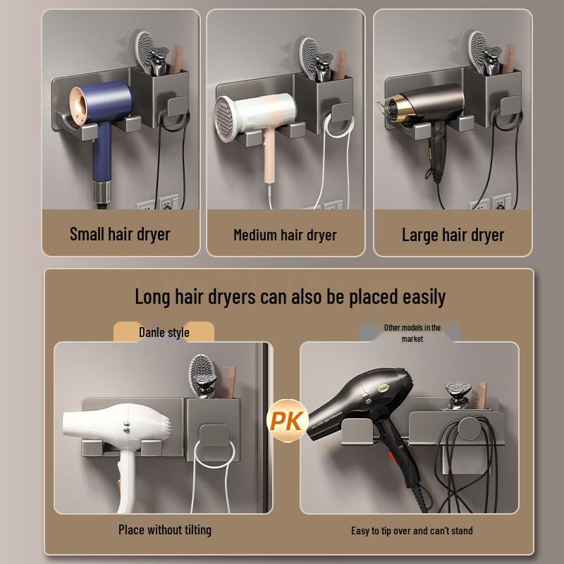 Punch-Free Wall-Mounted Hair Dryer Rack with Storage Shelf