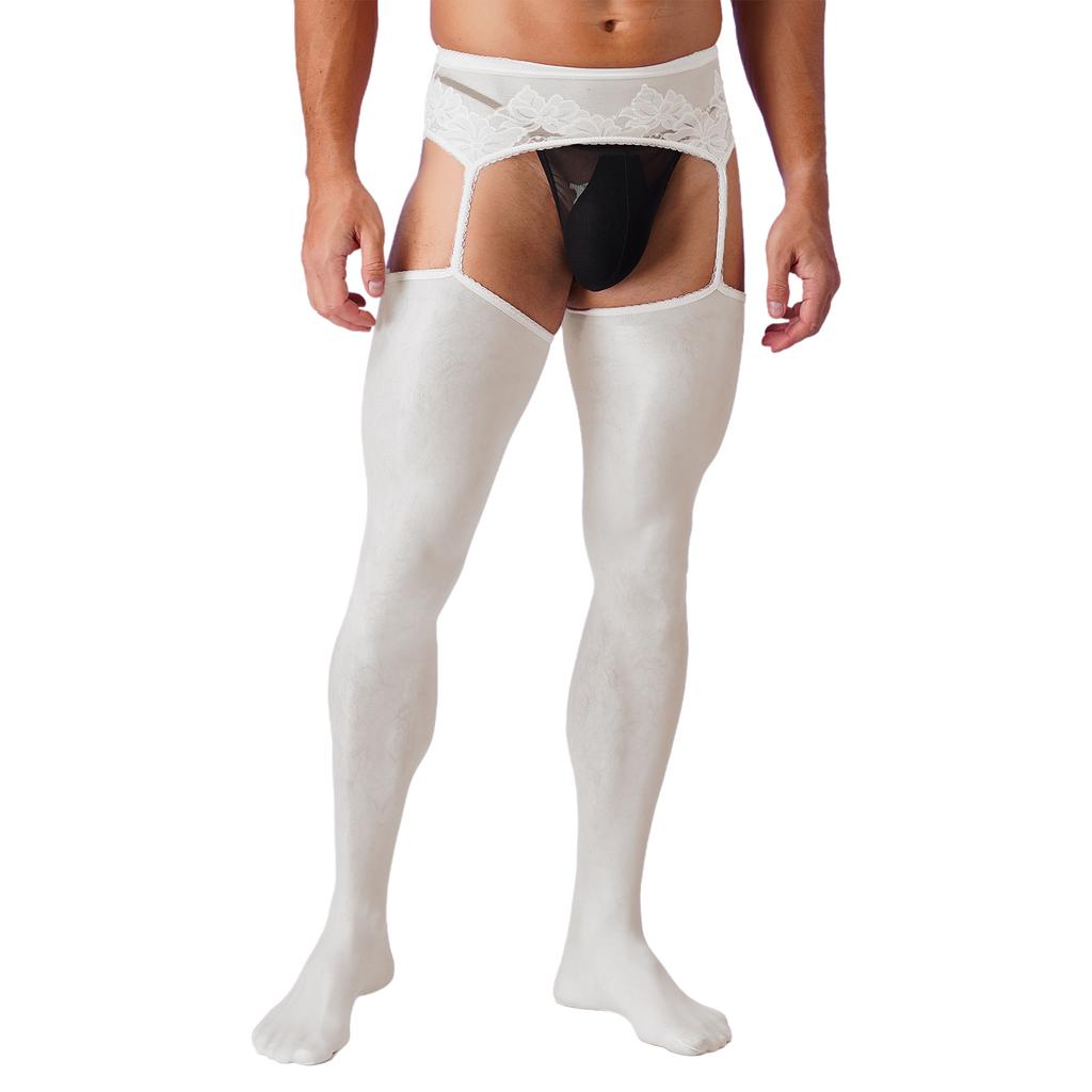 Mens Crotchless Pantyhose Floral Lace Design Open Leggings One Piece Garter Stockings Club Wear