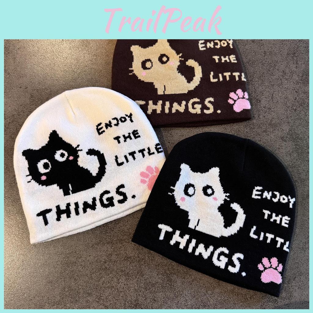 Cat Pattern Letter Embroidery Knit Hat For Women Autumn Winter Warmth