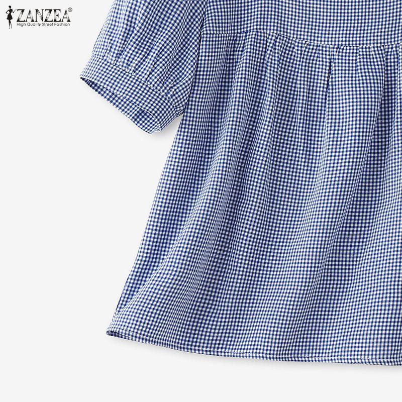 ZANZEA Women Grid Print Casual Square Collar Short Sleeve Blouse