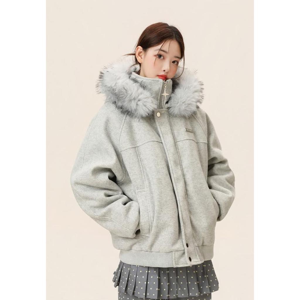 Men's Winter Wool Coat with Large Fur Collar - Mountain Eagle Hooded Heavyweight Jacket