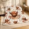 Floral Highland Cow Coral Fleece Blanket Farmhouse Decor