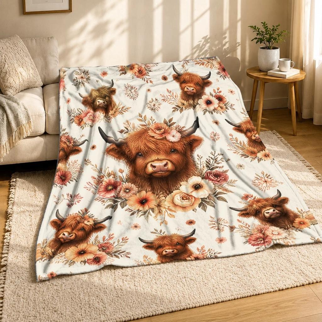 Floral Highland Cow Coral Fleece Blanket Farmhouse Decor