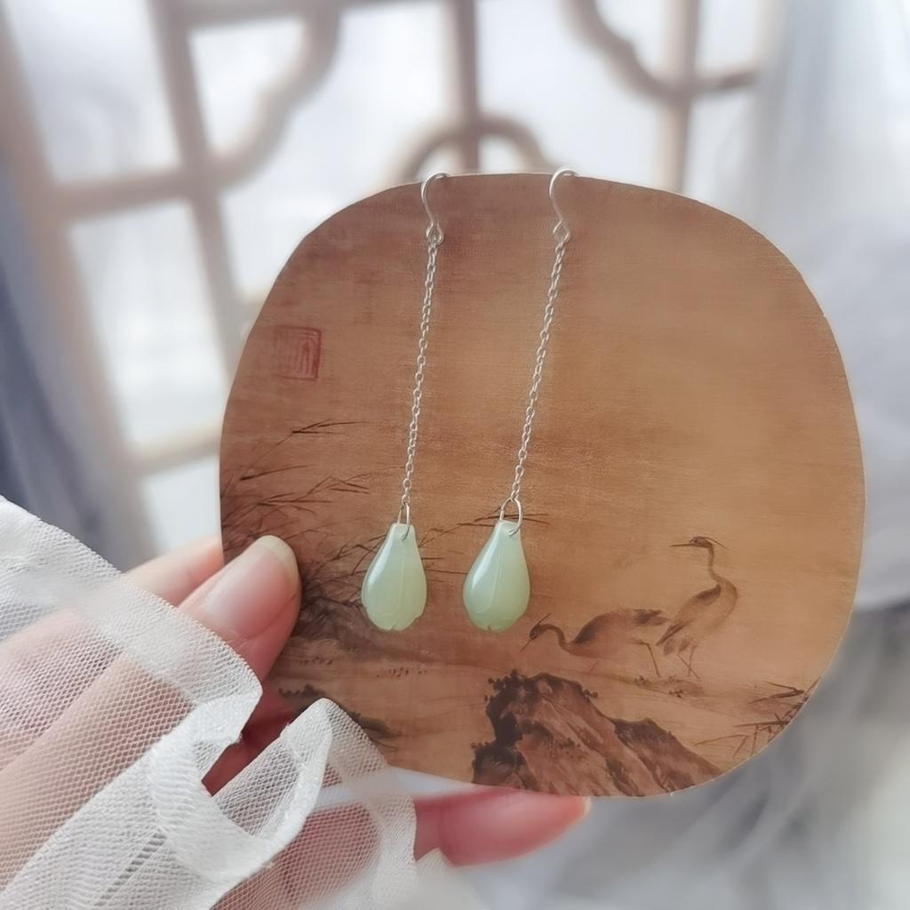 Hetian jade magnolia flower earrings and pendants for women S9Silver ear hook earrings, ear thread earrings, commuting style