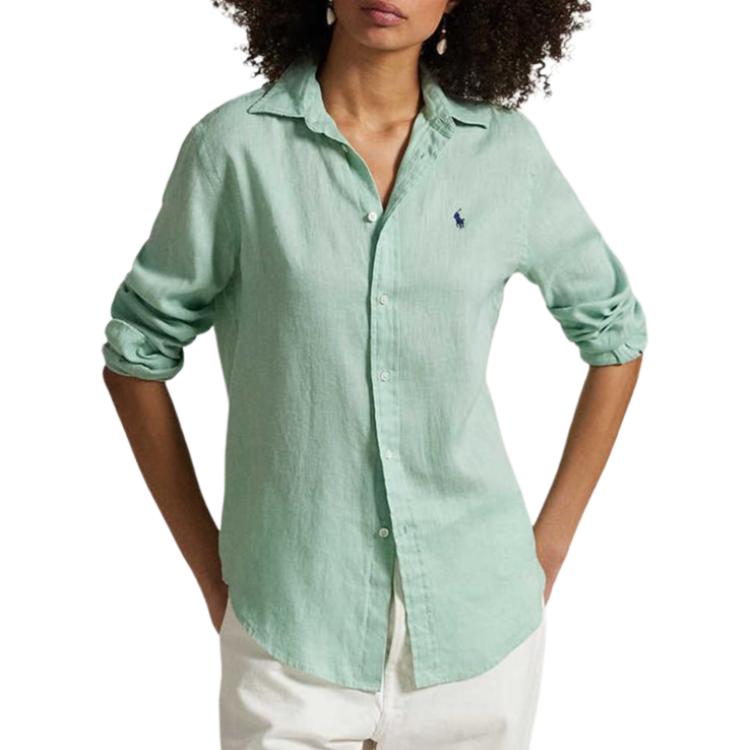 Polo Ralph Lauren Solid Color Linen Long Sleeve Shirt With Embroidered Pony Women shirts Green WMPOSHTNDO20846-330