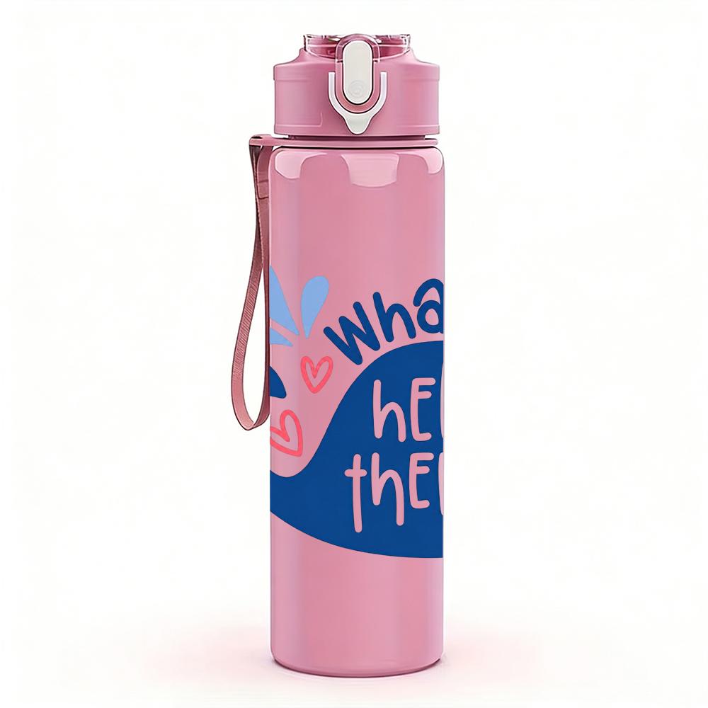 1PC Blue Whale Hello There Text 750ml Color Plastic Sports Water Bottle Leakproof Flip Straw Lid Suitable for Sports Office Home Use