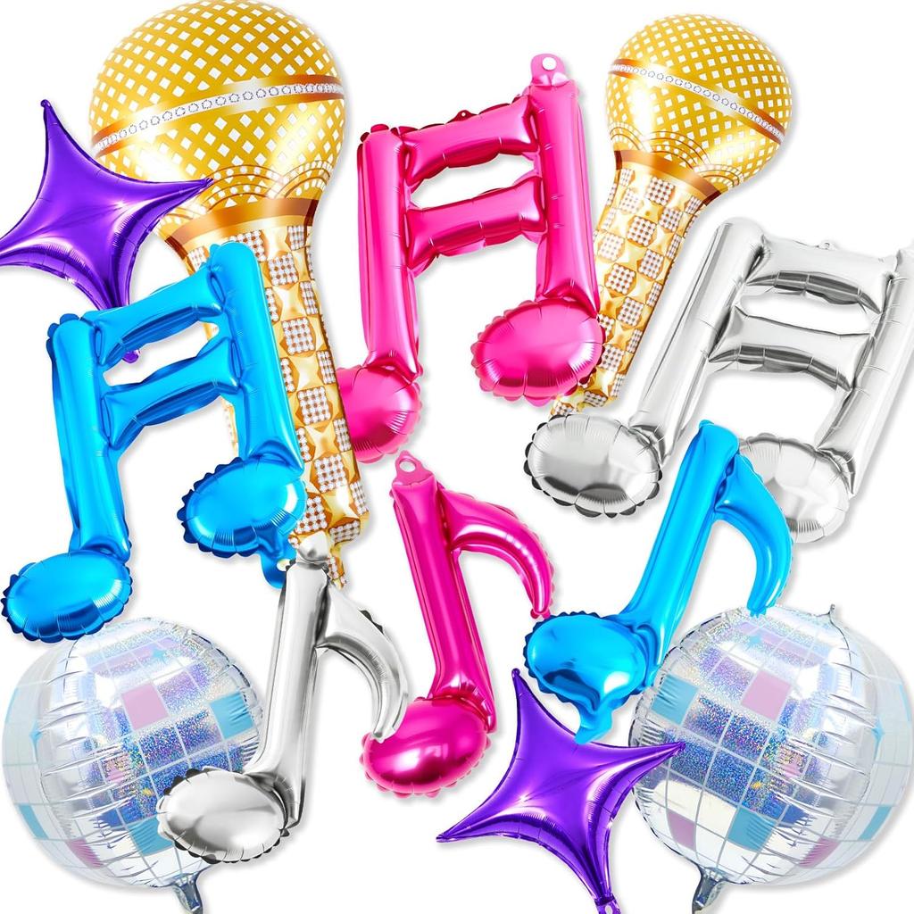 Music Theme Foil Balloons Set 10Pcs Disco Ball Microphone & Note Decorations for 70-90s Disco K-pop Karaoke Birthday Party Props