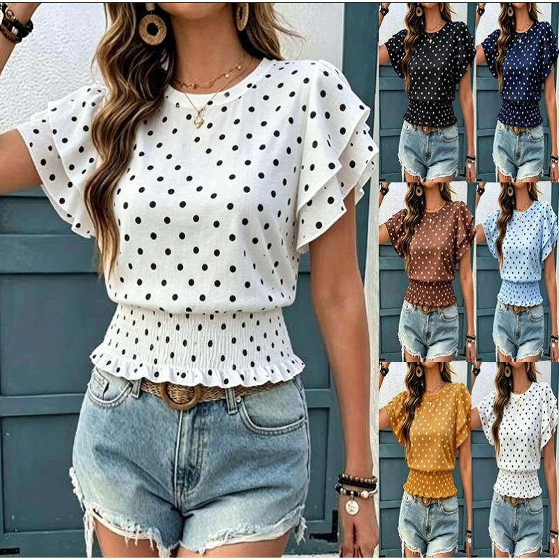 Women Polka Dot Print Round Neck Ruffled Short Sleeve Smocked Waist Casual T Shirt Top