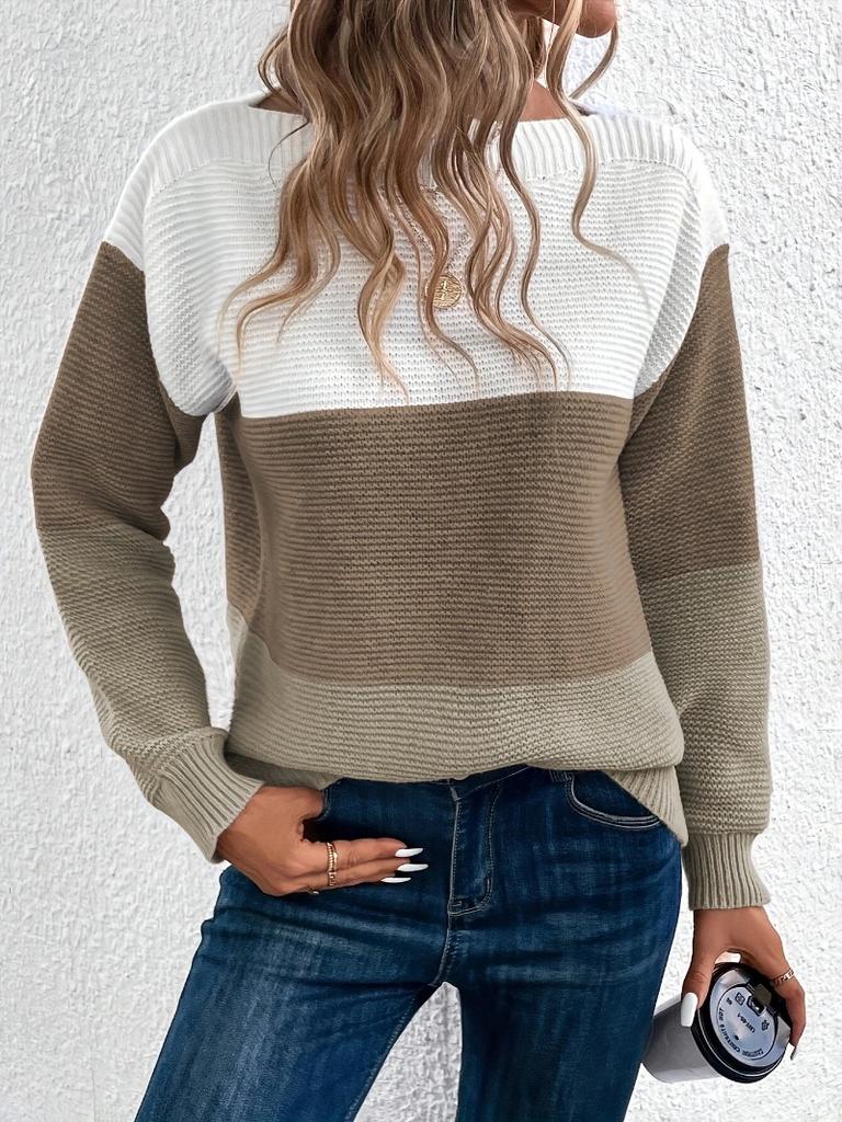 Autumn and winter crew neck splicing versatile striped sweater women's lazy style top loose large size pullover knitted sweater