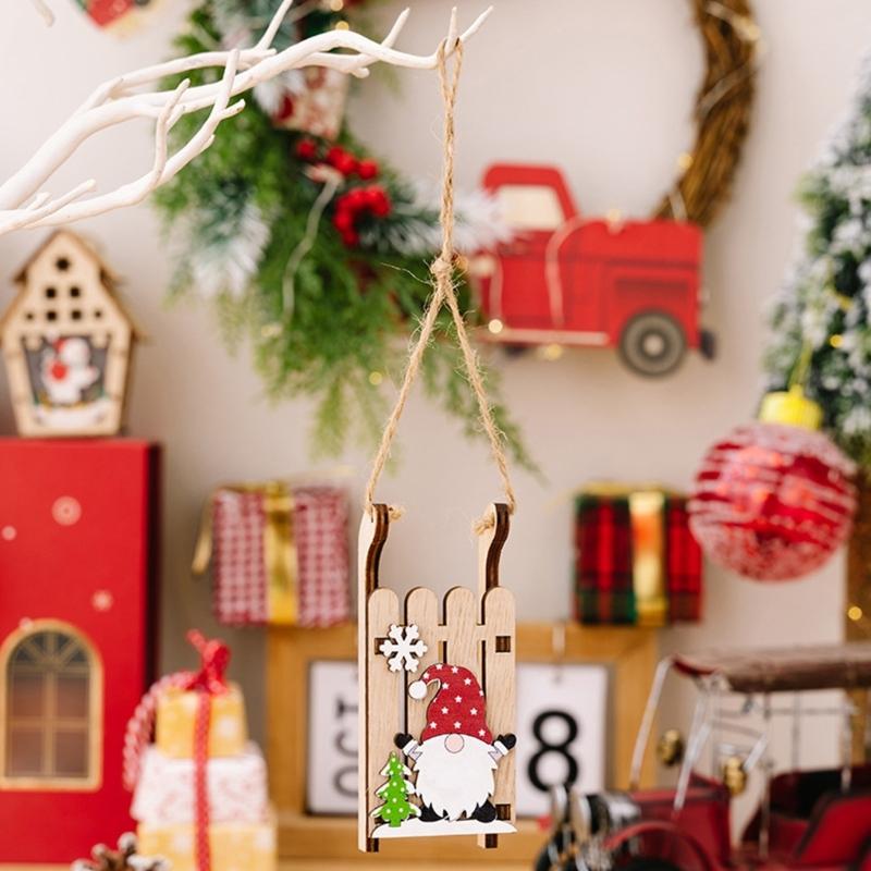 Handcrafted Wooden Sled with Dwarf Ornament Easy Hanging Festival Home Decoration Christmas Party Supplies
