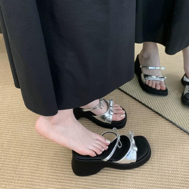 Wedge heel heightened silver bow open-toed cool slippers outer wear women's shoes 2025 new summer thick-soled versatile sandals