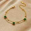 Gold Plated Double Layer Bracelet with Square Green Zircon, Vintage Emerald Charm Chain for Women, Dainty Elegant Daily Jewelry
