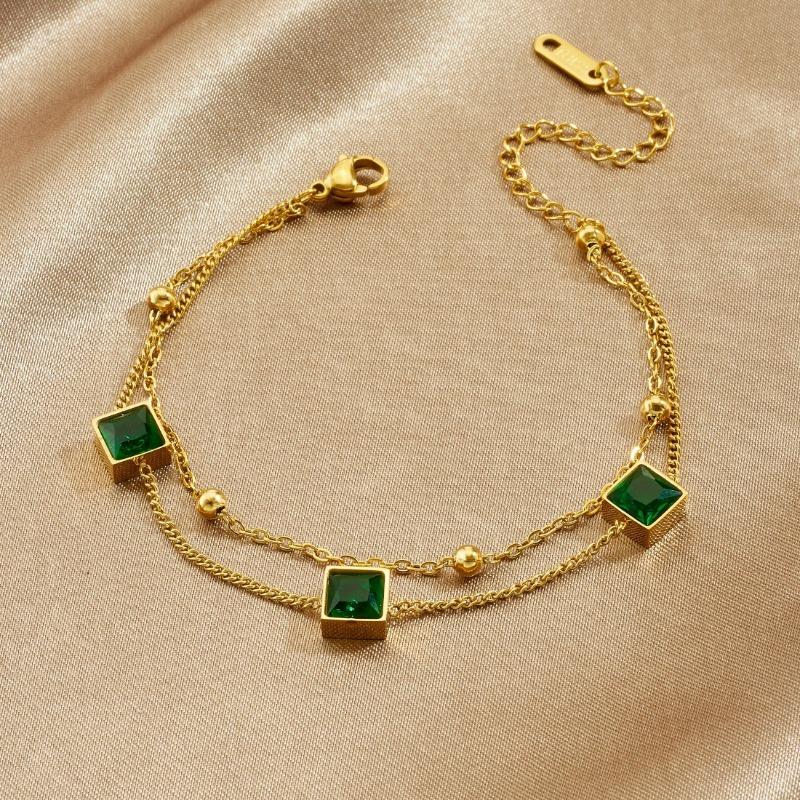 Gold Plated Double Layer Bracelet with Square Green Zircon, Vintage Emerald Charm Chain for Women, Dainty Elegant Daily Jewelry